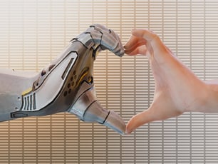 Eine Roboterhand und eine menschliche Hand formen gemeinsam ein Herz zum Zeichen der Kollaboration.