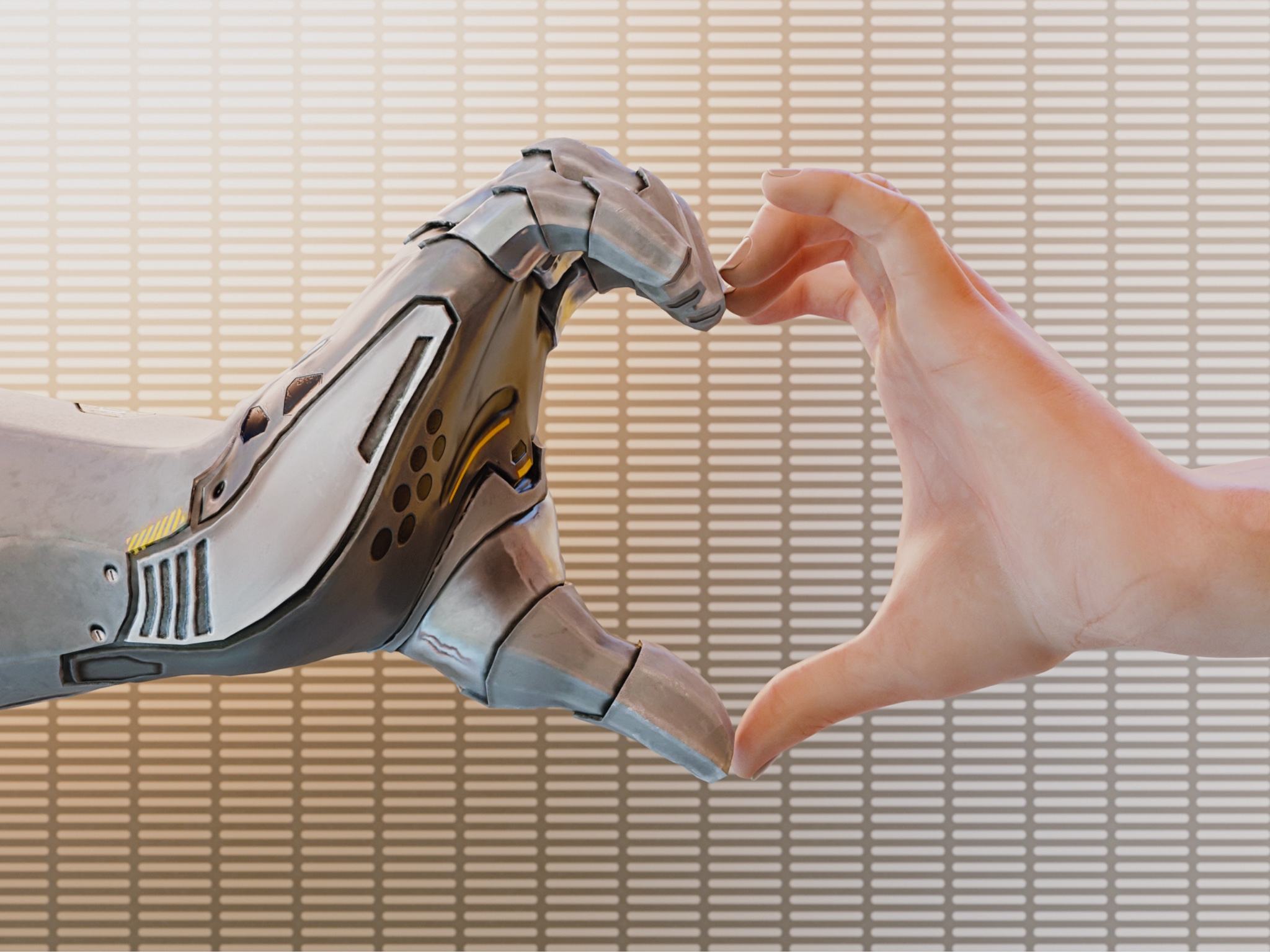 Eine Roboterhand und eine menschliche Hand formen gemeinsam ein Herz zum Zeichen der Kollaboration.